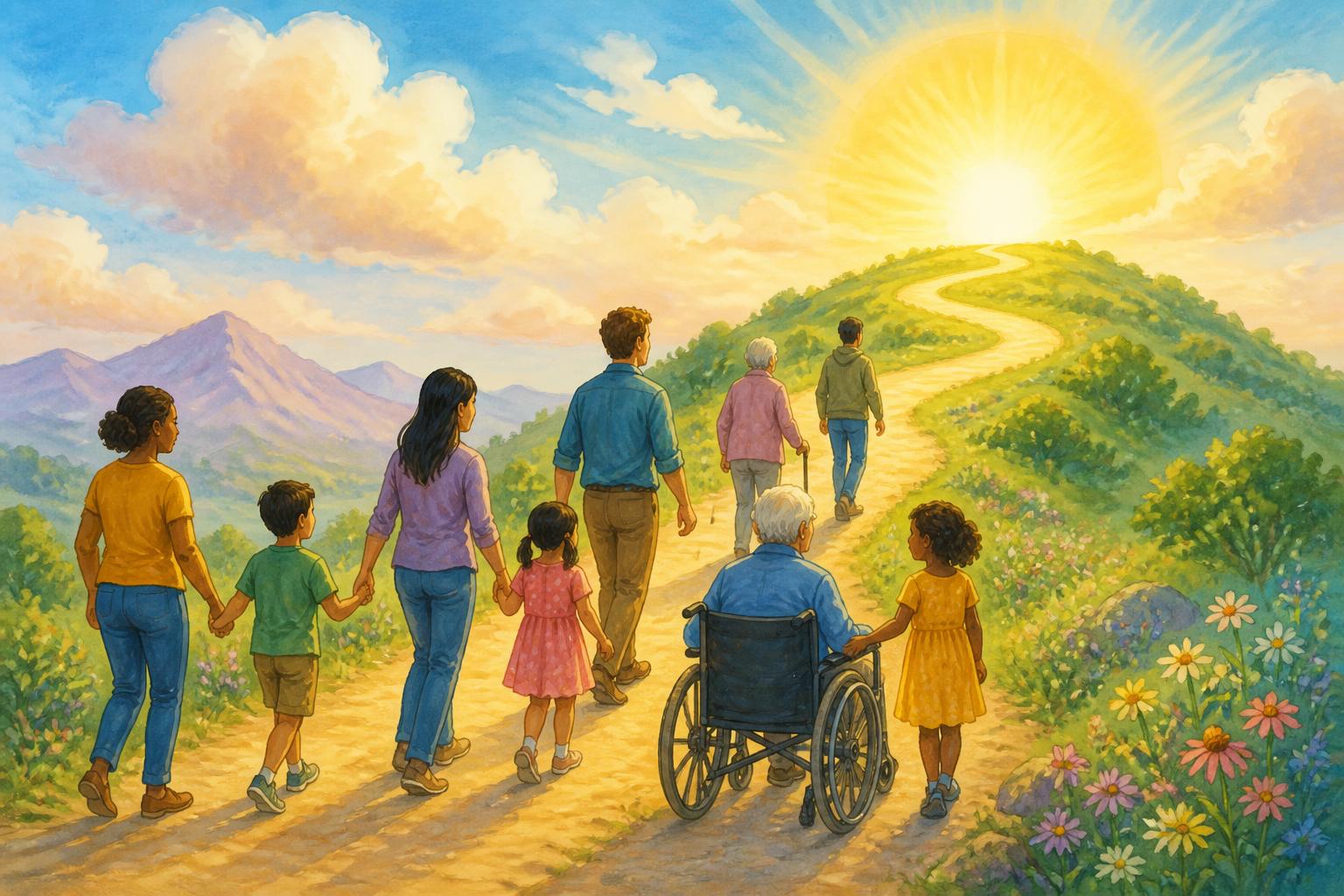 A family walking together up a golden path toward the sunrise